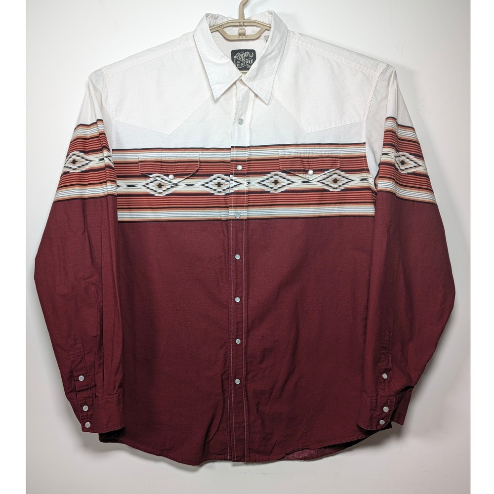 Roper Vintage Mens Western Snap Shirt Aztec Southwestern Burgundy White 2XL